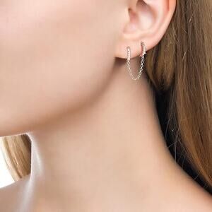 4272 Dainty Diamond Chain w/Cubic Zirconia Huggie Hoop Earrings Double Piercing
